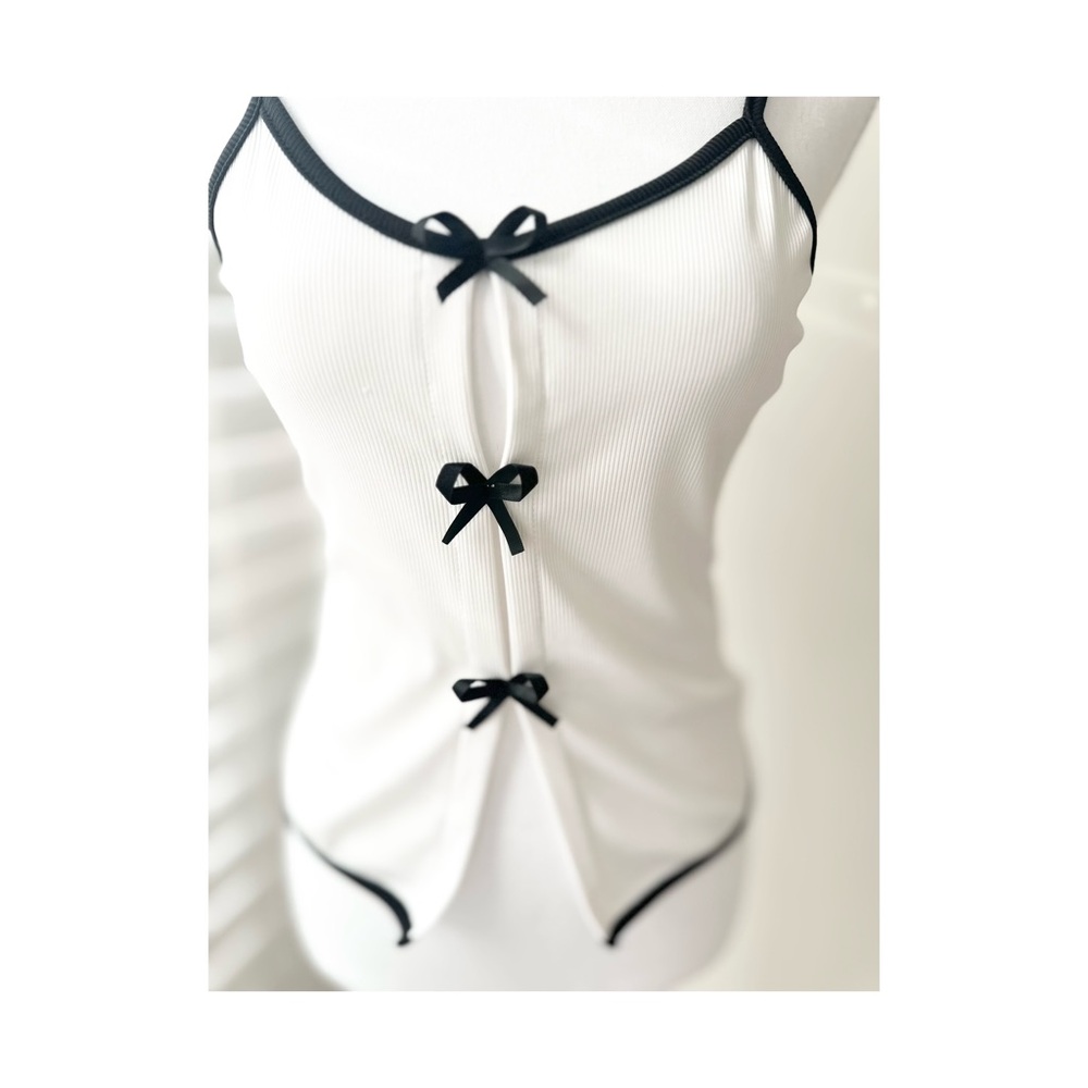White Tank Top with Black Bow Accents